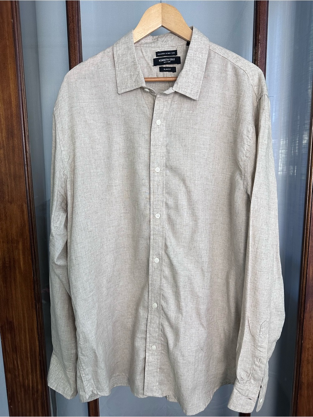 Kenneth Cole Shirt Mens XL Khaki Beige Slim Fit Linen Blend Button Down Lyocell